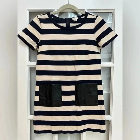 J. Crew Navy & Cream Stripe Faux Leather Pockets Dress Short Sleeve Size XXS - Picture 10 of 10